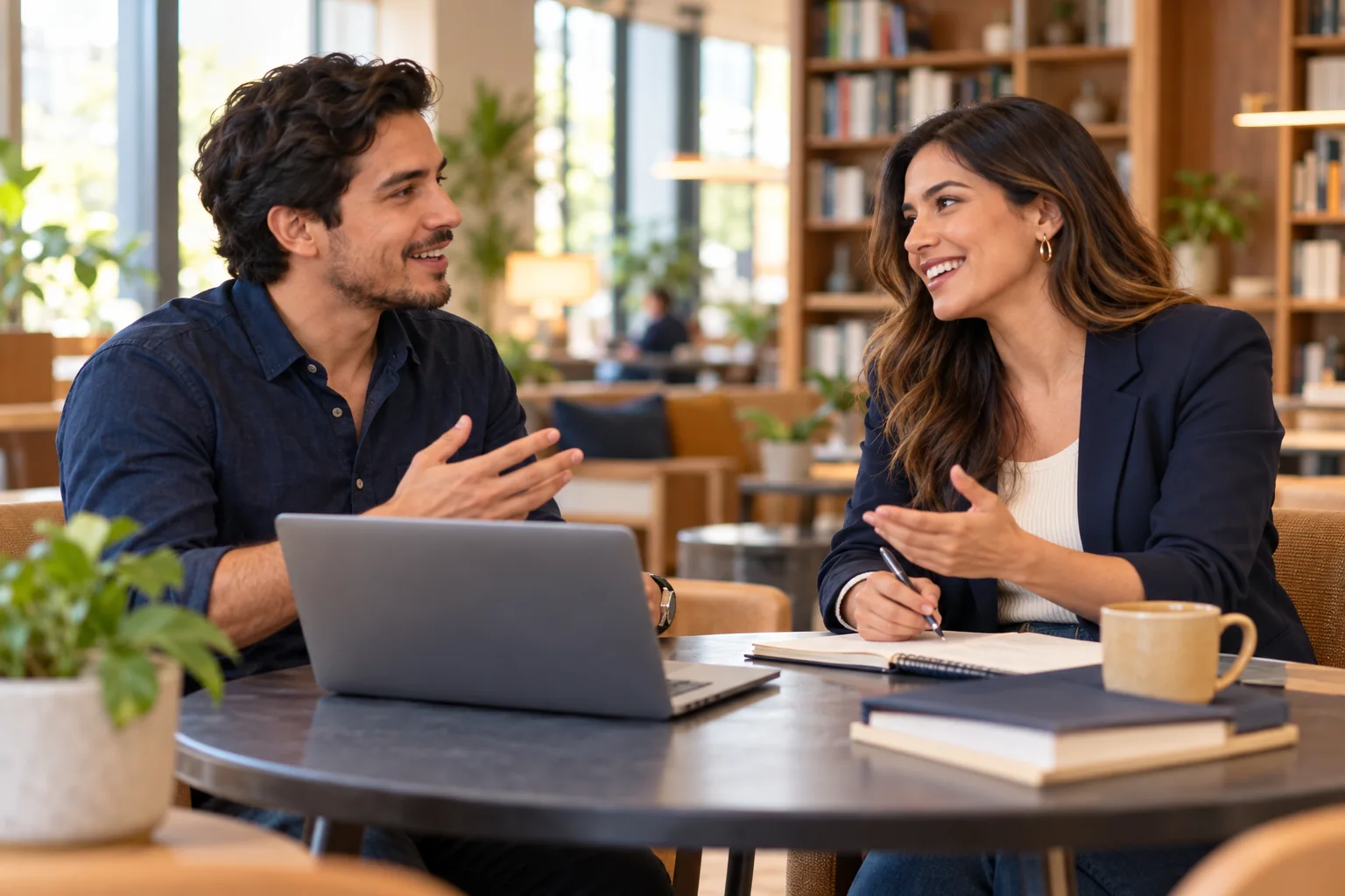 Dos adultos conversan junto a un portátil en un espacio de estudio