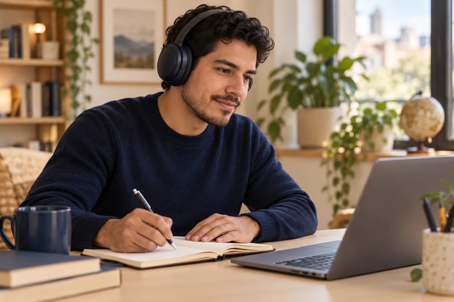 Un adulto practica con audífonos y toma notas junto a su portátil