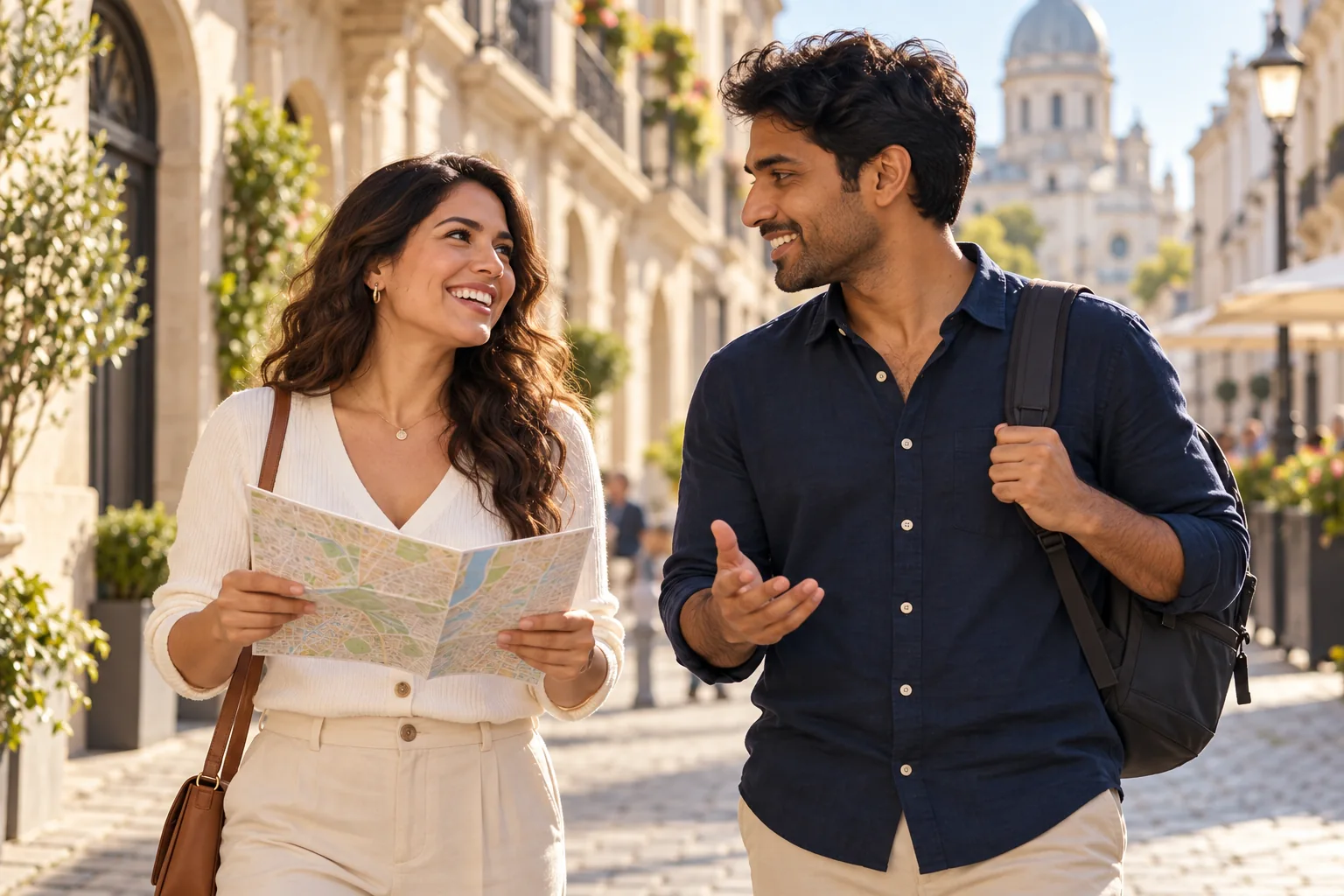 Dos viajeros conversan mientras consultan un mapa de la ciudad